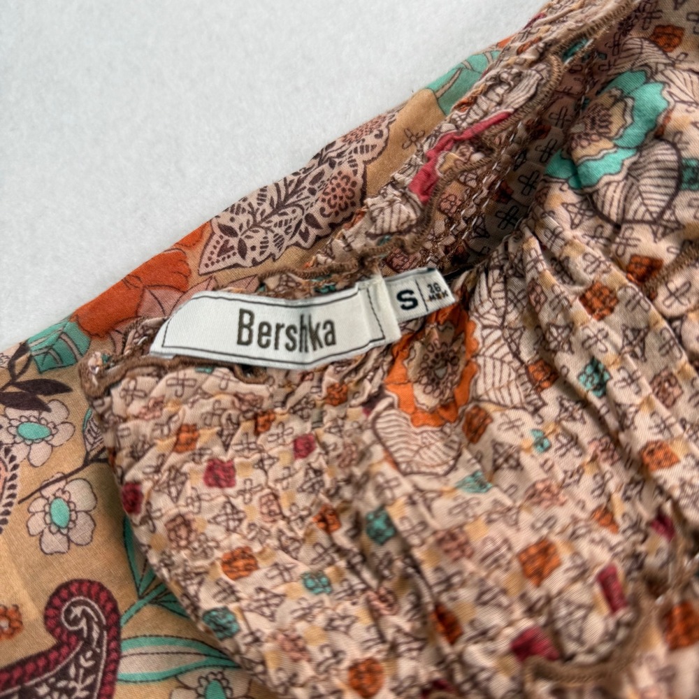 Y2K Bershka Orange Floral Paisley Halter Top Smocked Cotton Boho Womens Medium - Picture 7 of 9